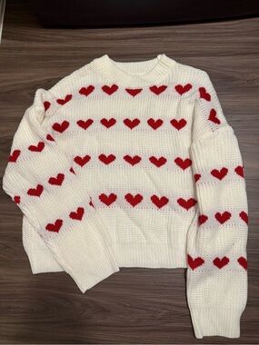 ROMWE White Chunky Knit Sweater with Red Heart Pattern size XL-NWT